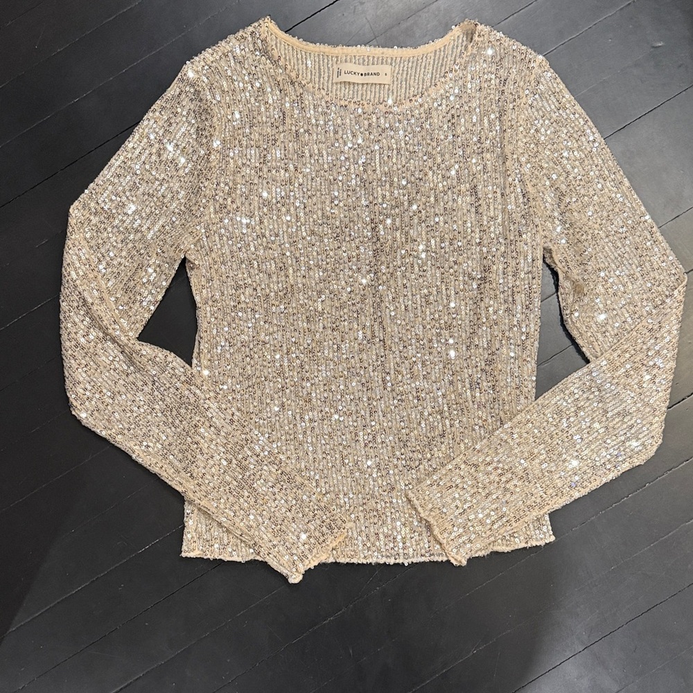 Lucky Brand Sequin Beige Long Sleeve Top